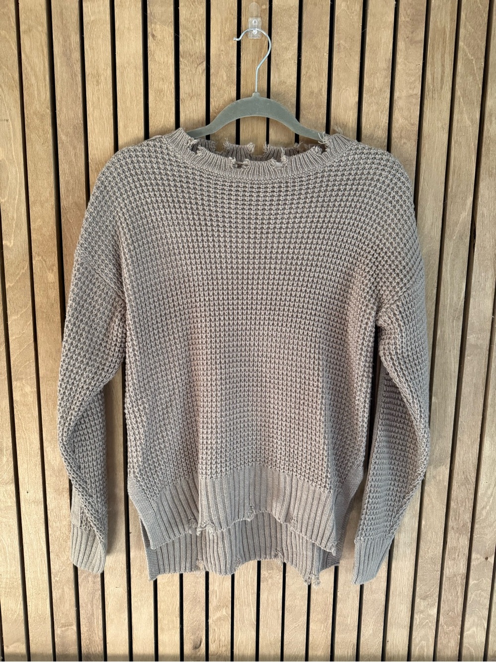 Zenana Outfitters Taupe Distressed Waffle Knit Sweater